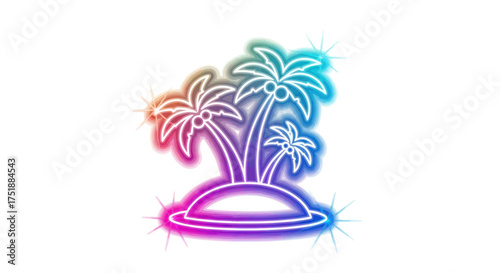 Vibrant Neon Island with Palm Trees Glowing Outline.