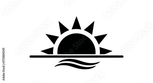Stylized Black Silhouette of a Rising Sun Over Wavy Water.