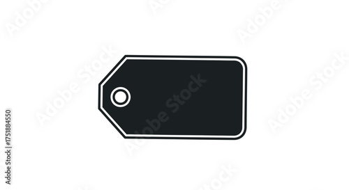 Simple black and white graphic icon of a blank retail price tag or label with a reinforced hole.