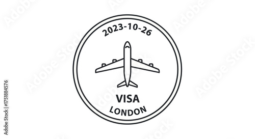Circular airplane visa stamp with date and London destination.