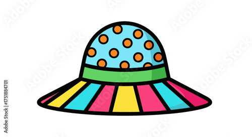 Colorful Polka Dot and Striped Sun Hat Illustration.