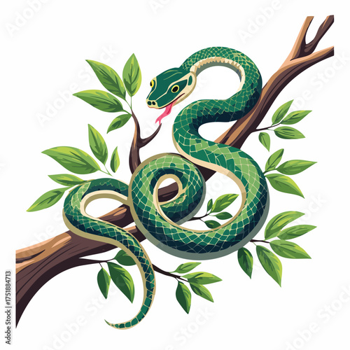 Emerald serpent coiled around branch amid foliage