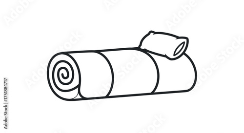 Rolled sleeping bag with a small pillow on top.