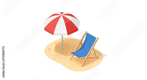 Red and white striped umbrella shading a blue beach chair on a sandy island.