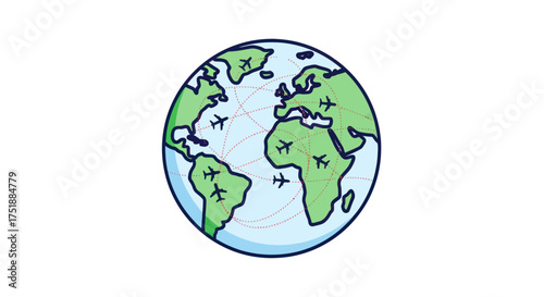 Cartoon Earth Globe with Airplane Icons Representing Global Travel.