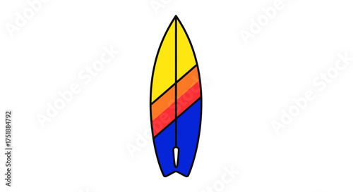 Colorful Surfboard with Yellow Orange Red and Blue Design.