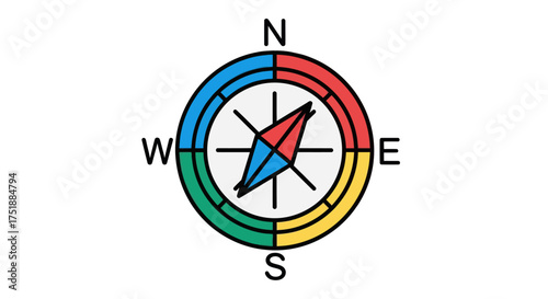 Colorful Compass Rose with Cardinal Directions and Needle.