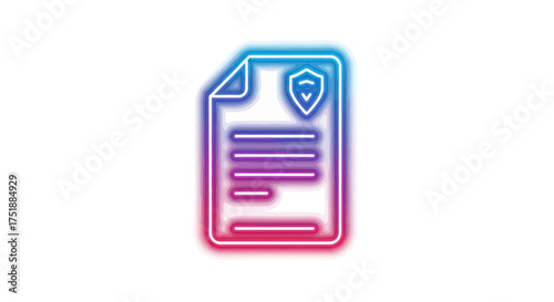 Vibrant blue and pink neon icon of a secure document with a shield and checkmark.