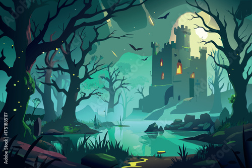 Mysterious castle amidst a dark enchanted forest with glowing lights