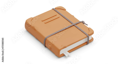 A closed tan leather-bound journal with a string closure and a bookmark.
