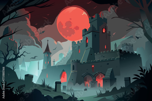Mysterious castle under a blood moon with eerie red glow