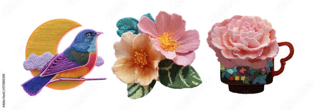 Naklejka premium Retro Cutout Collage of Isolated Flower and Bird Objects on Transparent Background