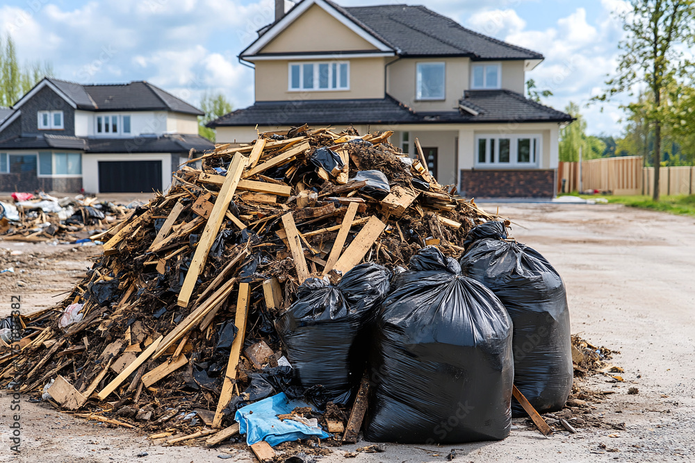 Obraz premium A large pile of construction debris on a suburban driveway. Broken wood, black rubbish bags, and scattered building materials after renovation work.