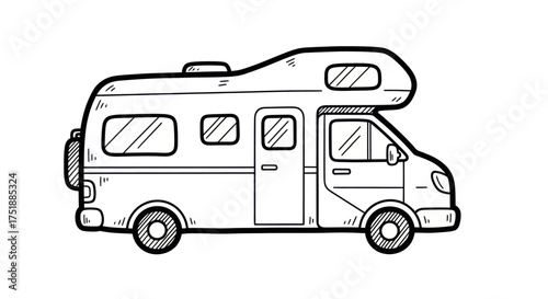 Hand-drawn illustration of a white camper van with multiple windows and a spare tire.