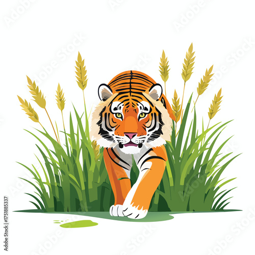 Stalking tiger peers through lush green tall grasses