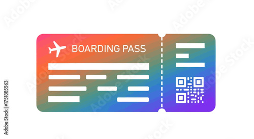 Colorful gradient boarding pass icon with a QR code and airplane symbol.