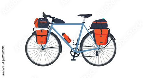 Touring Bicycle with Orange Panniers and Water Bottle Ready for Adventure.