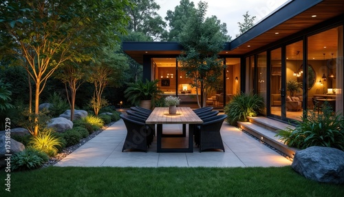 Modern house features spacious outdoor patio with dining table, comfortable chairs. Garden with trees, various plants, decorative rocks well lit. Ambient landscape lighting creates cozy evening