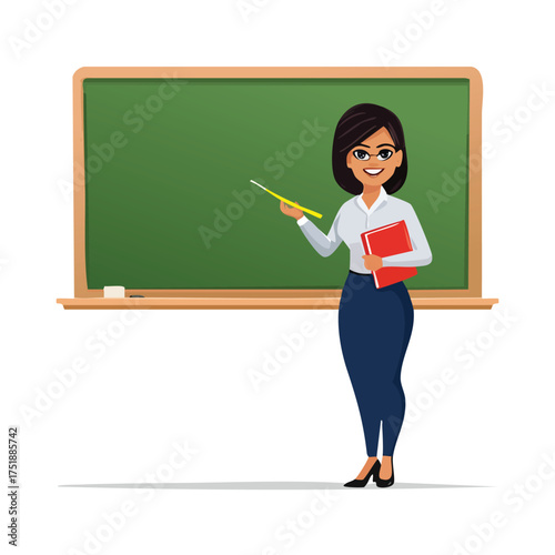 Smiling educator presents on a chalkboard