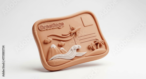 Embossed Terracotta Postcard with Tropical Beach Scene and Greetings Text.