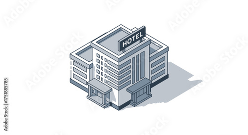 Isometric Hotel Building Illustration with Signage and Architectural Details.