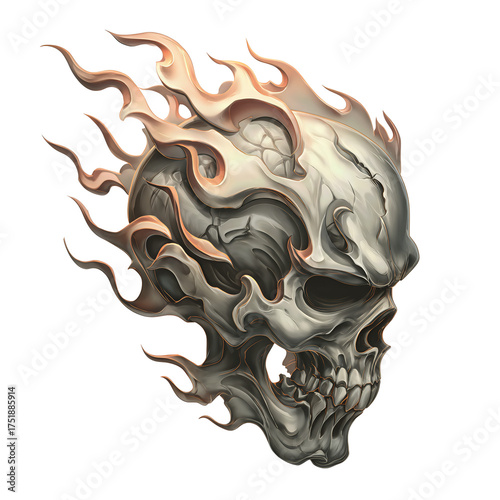 Stylized skull surrounded by layered flames, detailed graphite shading emphasizing heat and texture, isolated on transparent background
