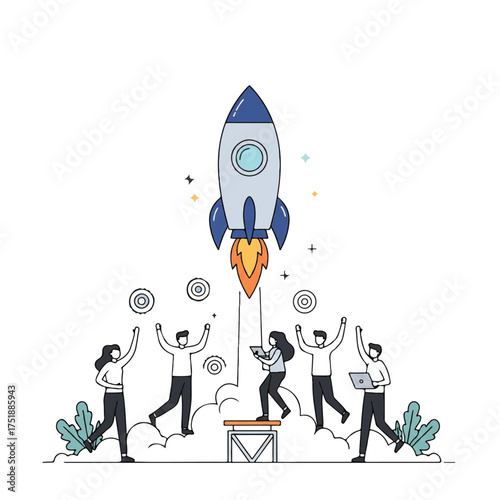 A triumphant startup team cheers excitedly as a stylized rocket launches from a pad, symbolizing a successful product launch in this vibrant flat 2D vector illustration.