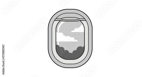 Airplane window view of clouds and landscape below.