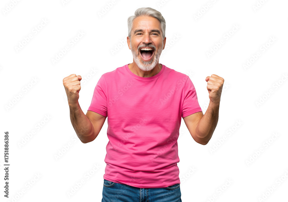 Fototapeta premium Excited man in pink tshirt celebrating success isolated on transparent background