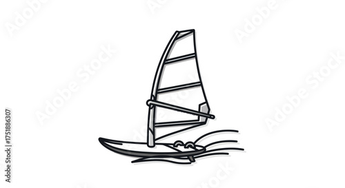 Hand-drawn illustration of a windsurfing board with a sail on water.