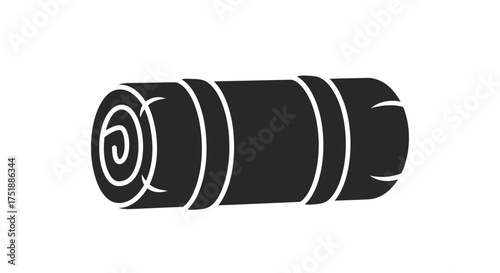 A simple black glyph icon of a rolled-up sleeping bag or camping mat with straps.