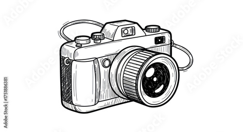 Hand-Drawn Sketch of a Vintage Camera with Lens and Strap.