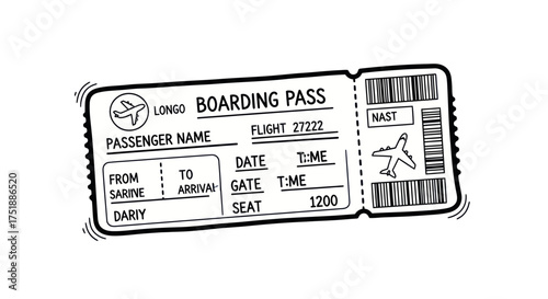 Hand-drawn illustration of a vintage boarding pass with flight details.