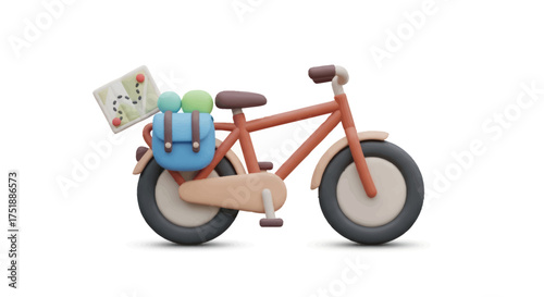 Whimsical Cartoon Bicycle Laden with Backpack and Map for Adventure.