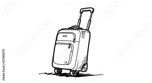 Rolling Suitcase Illustration: Upright luggage with handle extended ready for travel.