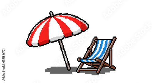 Pixelated Beach Umbrella and Deck Chair for Summer Relaxation.