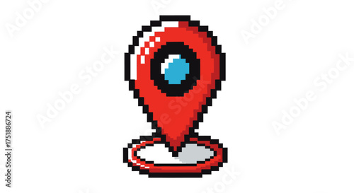 Pixel art red map location pin icon with a blue center Retro 8-bit GPS navigation marker.