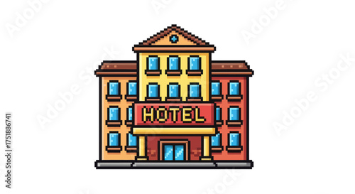 Pixel Art Hotel Building with Windows and Signage.
