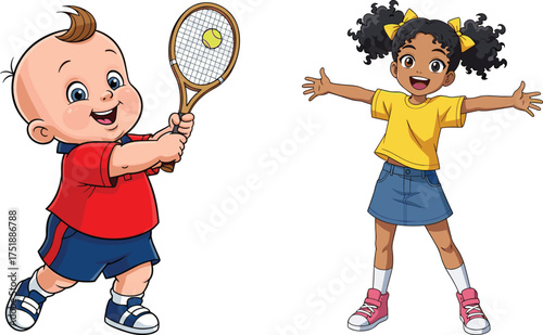 Cute baby boy playing tennis with racket, happy little girl smiling with open arms, fun cartoon children illustration, childhood activity concept