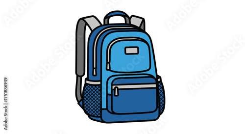 A vibrant blue backpack with multiple compartments and adjustable straps.