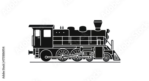 Black and white side view silhouette of a classic vintage steam locomotive train.