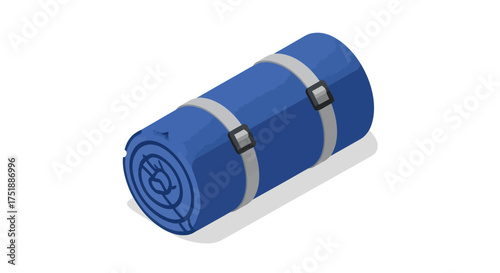 Rolled blue sleeping mat with securing straps for outdoor adventures.