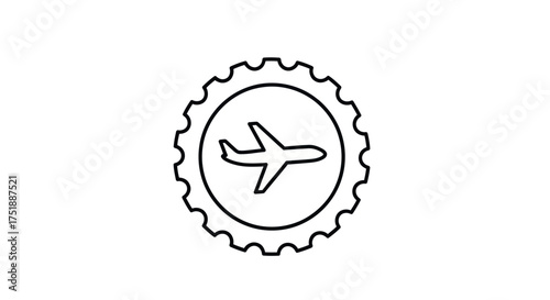 Black and White Airplane Icon Inside Gear-Shaped Frame.