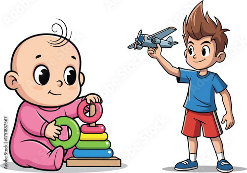 Cute baby playing with colorful rings toy, happy boy holding airplane toy, childhood fun, kids playing together, cartoon illustration