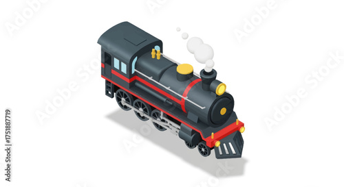 Classic black steam locomotive engine with red and yellow details in an isometric illustration.