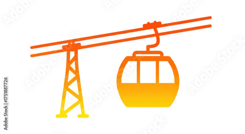 Orange ski lift gondola suspended from cables on a tower.