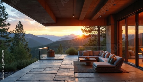 Modern mountain home patio features cozy sofa, coffee table, stylish fire pit. Beautiful sunset illuminates vast forest, distant mountains with warm golden light. Luxury real estate offers serene