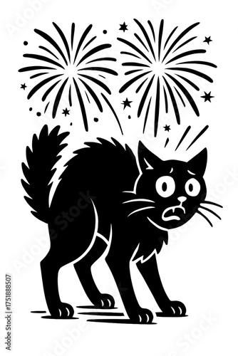 A terrified black cat is visibly distressed and startled by loud, bright fireworks exploding overhead, creating a vivid scene of pet anxiety and the impact of celebratory noise on animals, perfect for