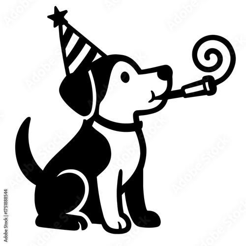 Adorable monochrome cartoon puppy celebrating, sitting patiently wearing a festive striped party hat with a star, joyfully blowing a classic coiled party horn. Ideal for birthdays, invitations, and ch