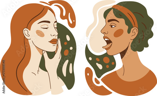 Two women in profile, one whispering a secret while the other reacts with surprise